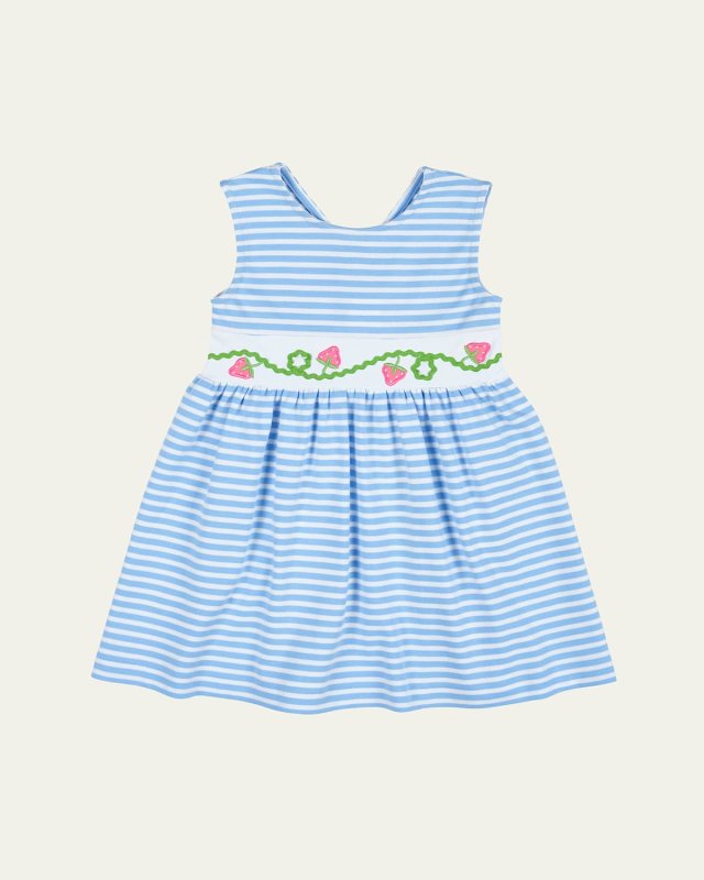 Girl's Striped Knit Dress W/ Embroidered Strawberries, Size 2-